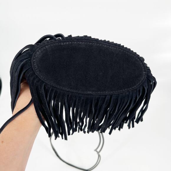 Aquazzura Black Suede Gytane Mini Fringe Trim Drawstring Hobo Crossbody Bag - Picture 9 of 10